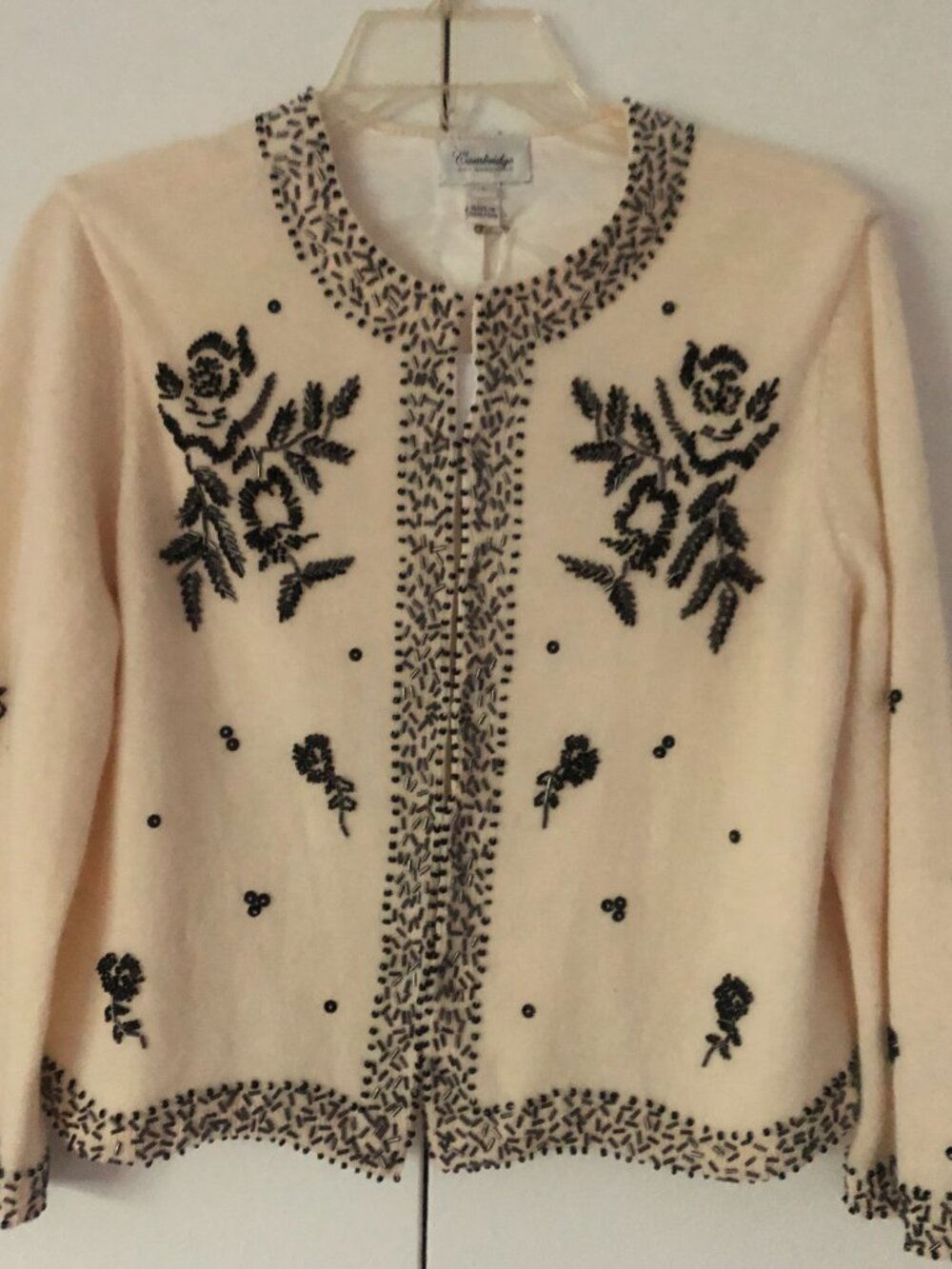 Cambridge Vintage Lambswool Angora Beaded Sweater Cream Black Embellished Large